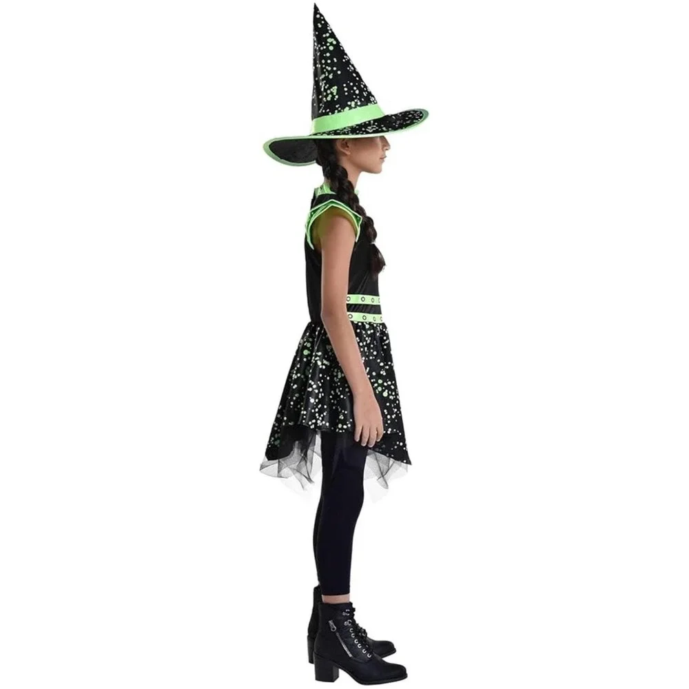 Midnight Mischief Witch Costume Kids L 12–14 Glow in Dark Hat Dress Halloween NW